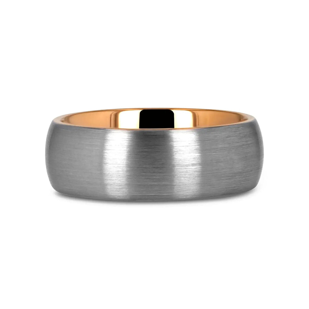CAMERON Domed Brushed Finish Tungsten Carbide Men's Wedding Band with Rose Gold Ion-Plated Interior - 8mm