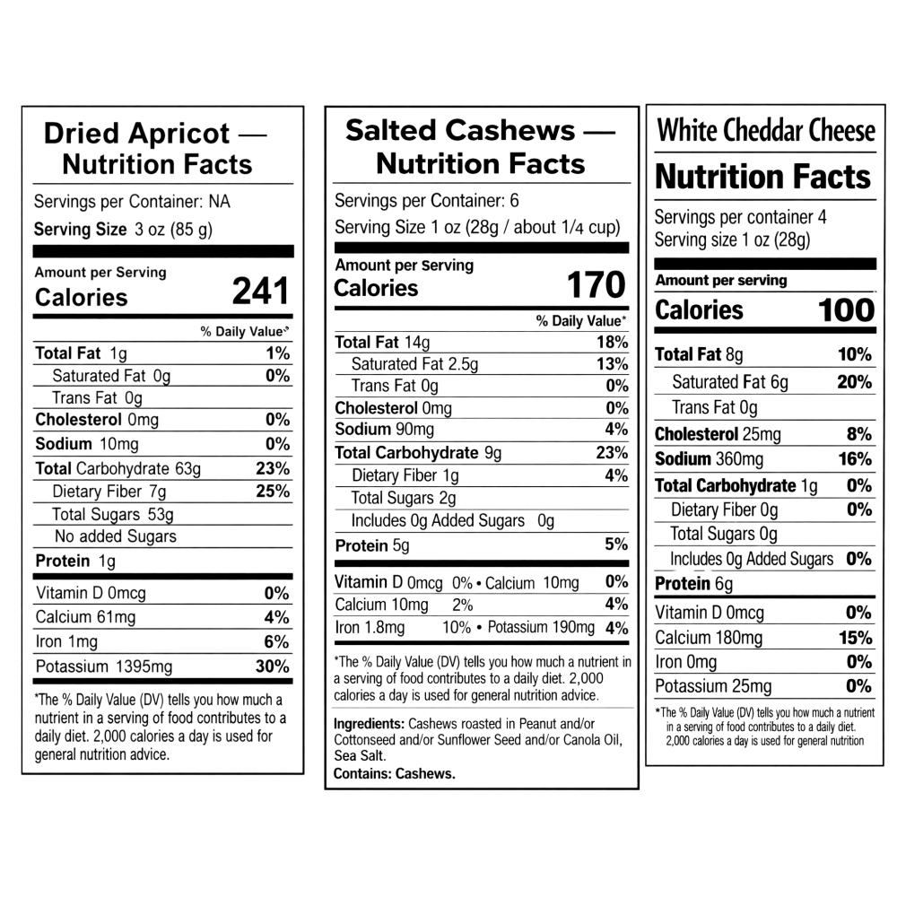 Snack Trio - Cashews, Dried Fruit, & White Cheddar Cheese