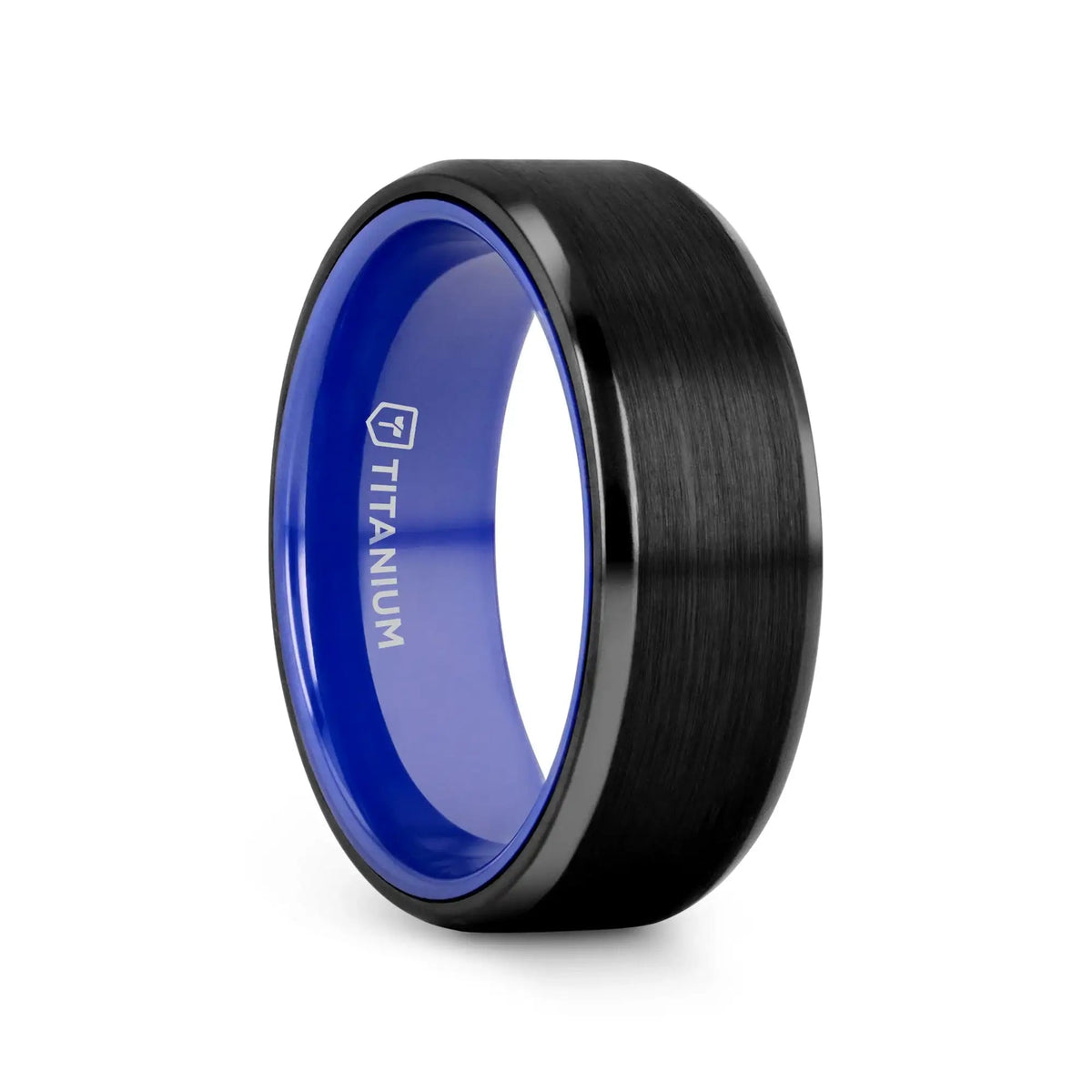 CASTOR Beveled Edges Black Titanium Ring with Brushed Center and Vibrant Blue Inside - 8mm