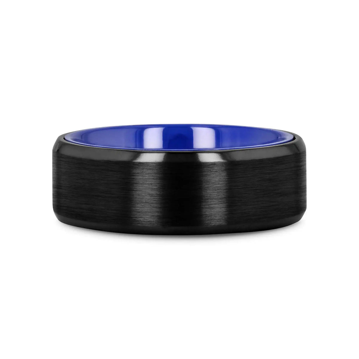 CASTOR Beveled Edges Black Titanium Ring with Brushed Center and Vibrant Blue Inside - 8mm