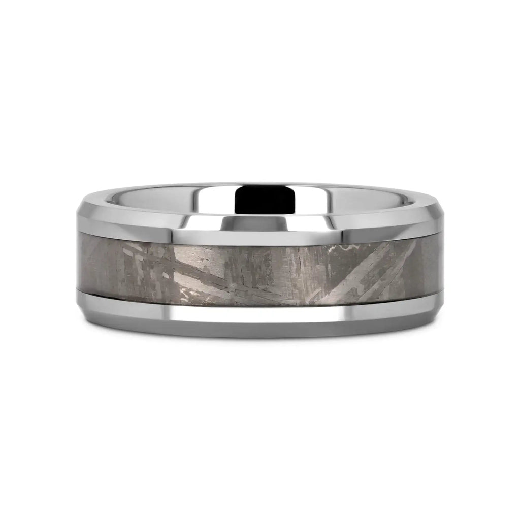 CELESTIAL Flat Tungsten Carbide Ring with Beveled Edges and Meteorite Inlay Thorsten - 8mm