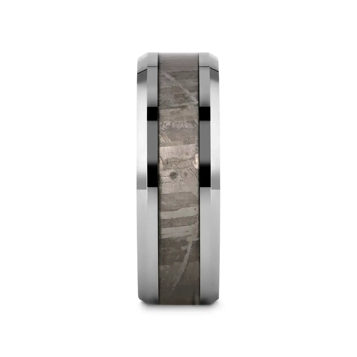 CELESTIAL Flat Tungsten Carbide Ring with Beveled Edges and Meteorite Inlay Thorsten - 8mm
