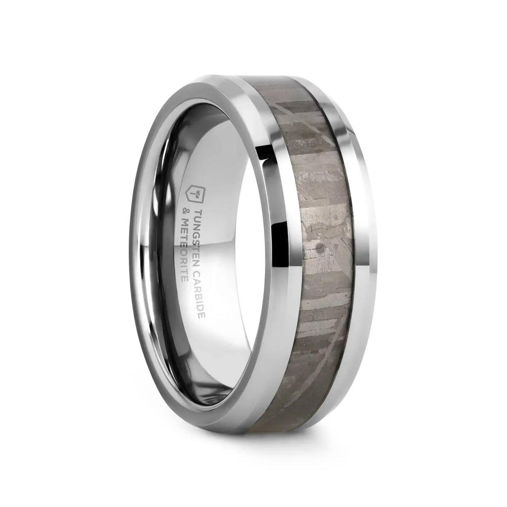 CELESTIAL Flat Tungsten Carbide Ring with Beveled Edges and Meteorite Inlay Thorsten - 8mm