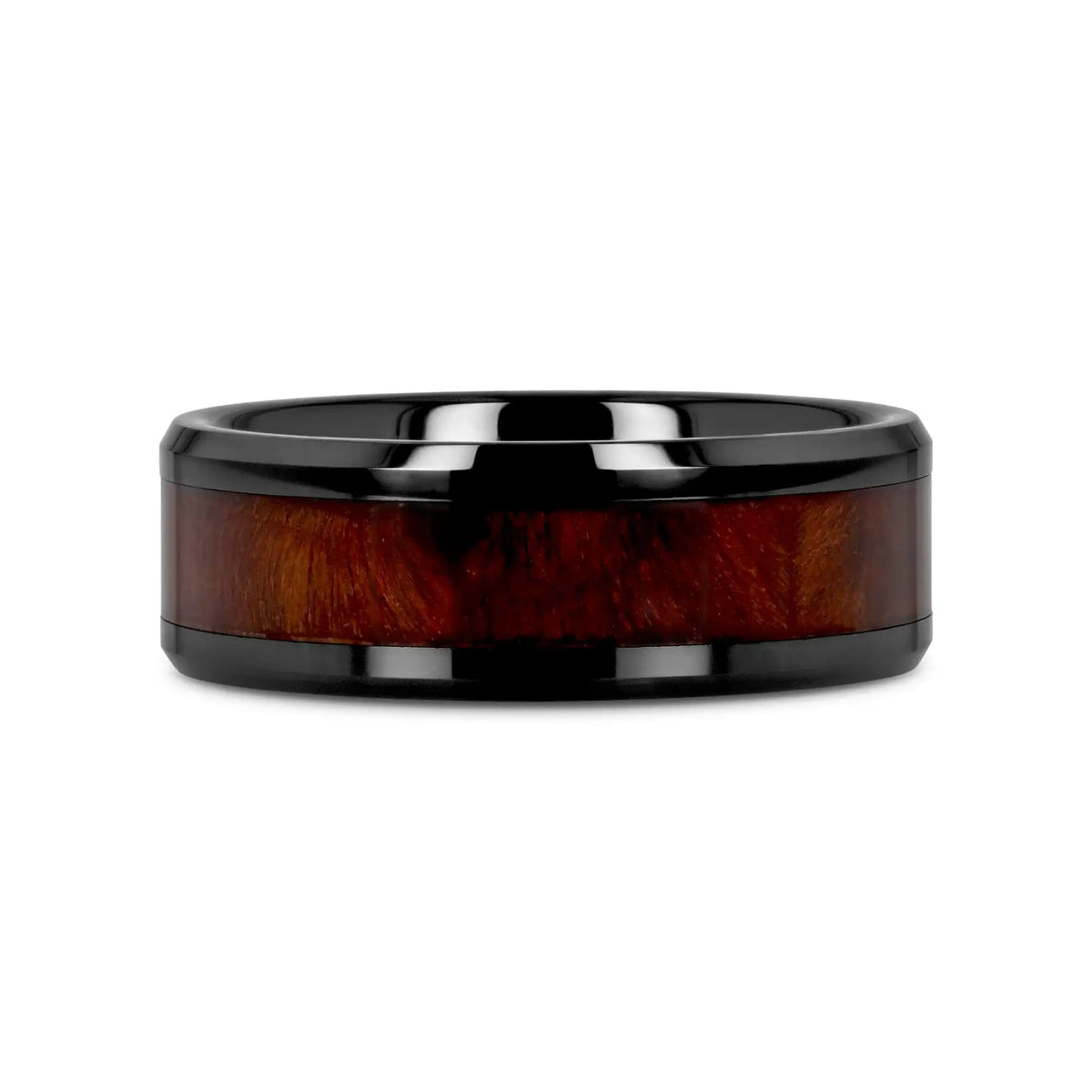 CERISE Redwood Inlaid Black Ceramic Ring with Beveled Edges - 8mm
