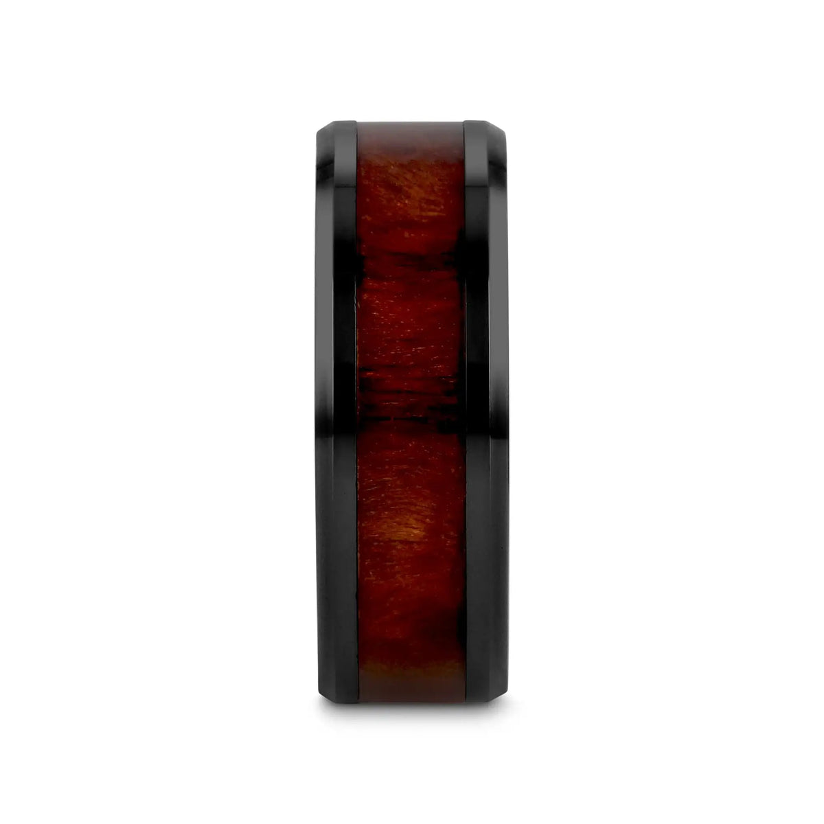 CERISE Redwood Inlaid Black Ceramic Ring with Beveled Edges - 8mm