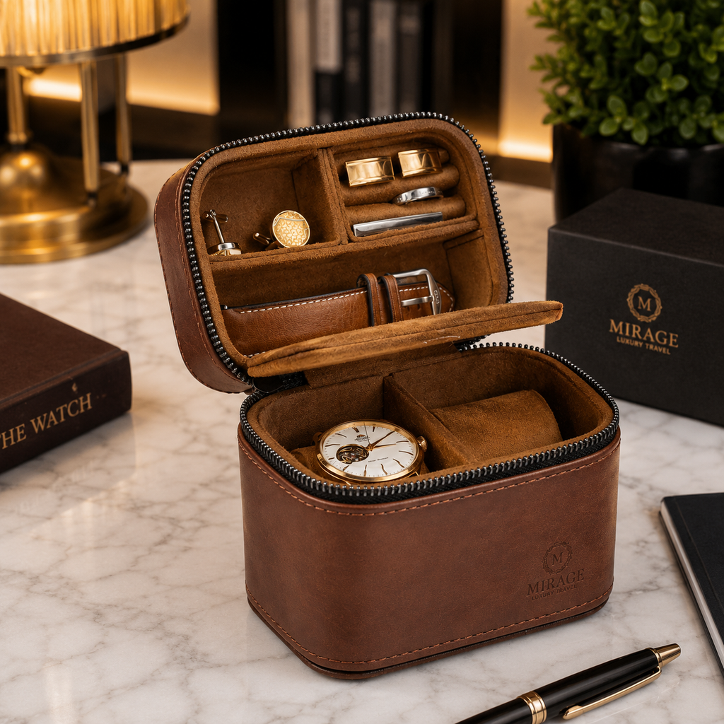 Watch and Jewelry Travel Case -  Coffee Brown Leather
