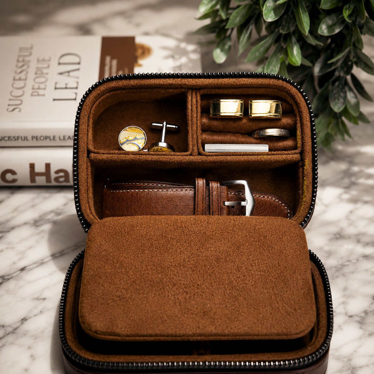 Watch and Jewelry Travel Case -  Coffee Brown Leather