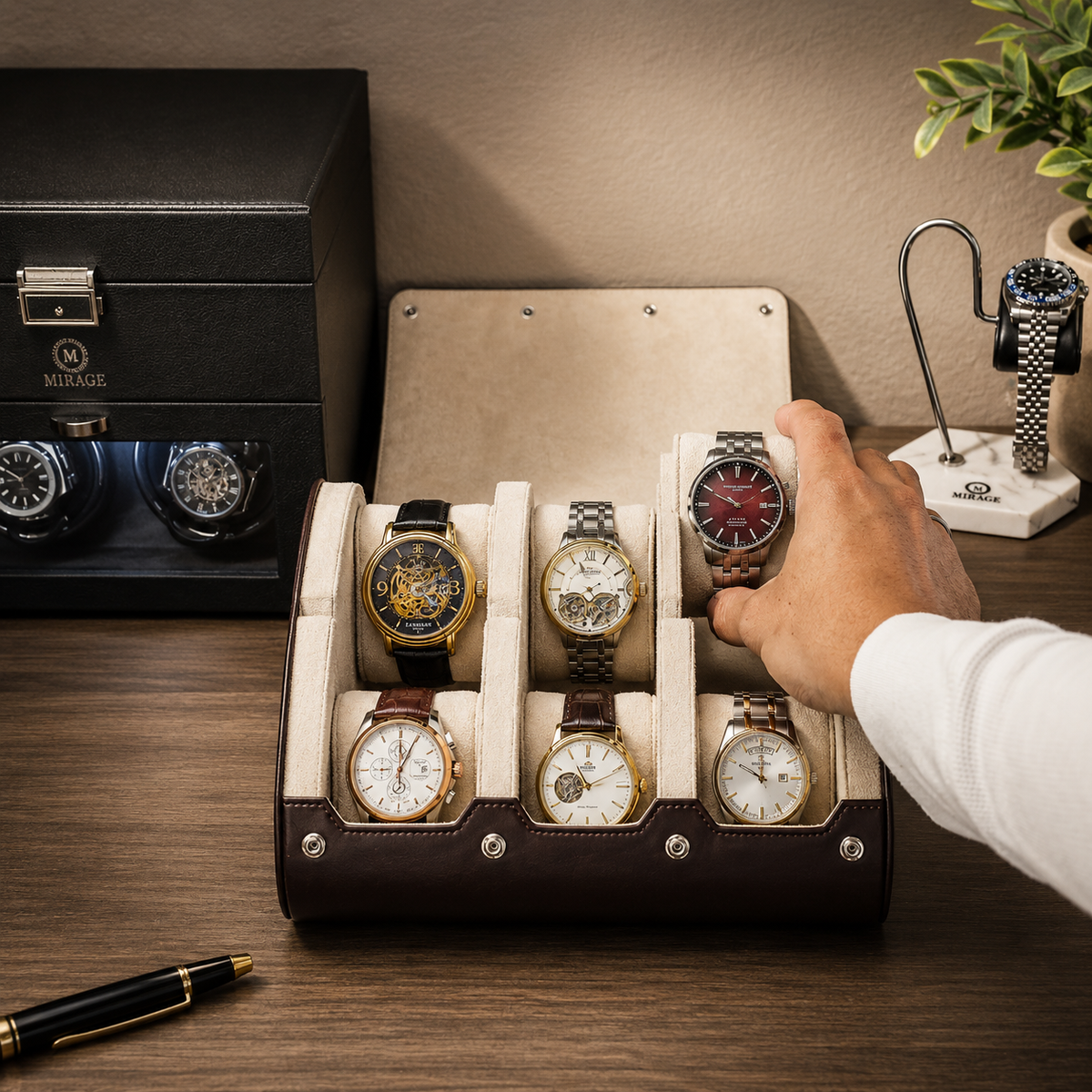 6 Watch Travel Case Vegan Leather Watch Roll (Espresso Brown - White Interior)