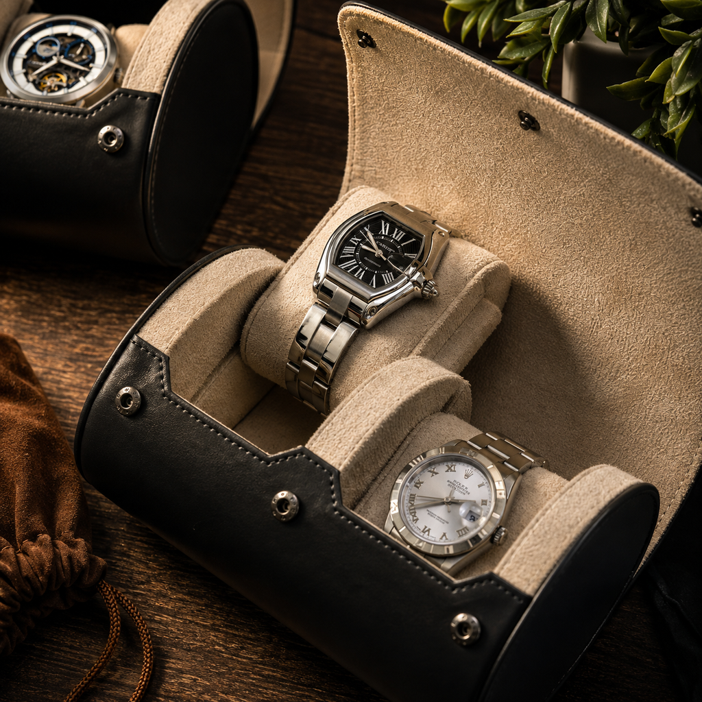 2 Watch Travel Case Vegan Leather Watch Roll (Slate Gray - White Interior)