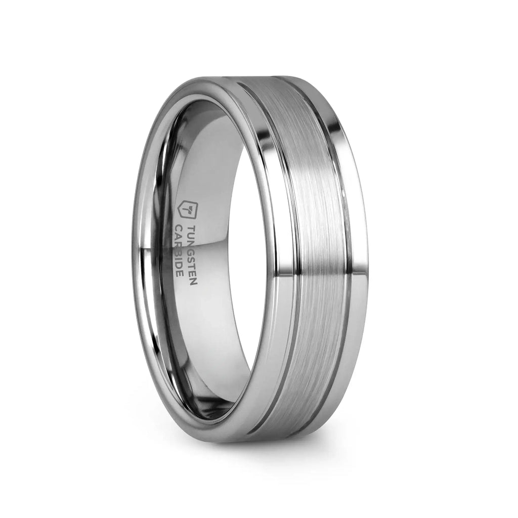 CHRONOS Flat with Offset Grooves Polished Edges and Satin Center Tungsten Band 6mm or 8mm