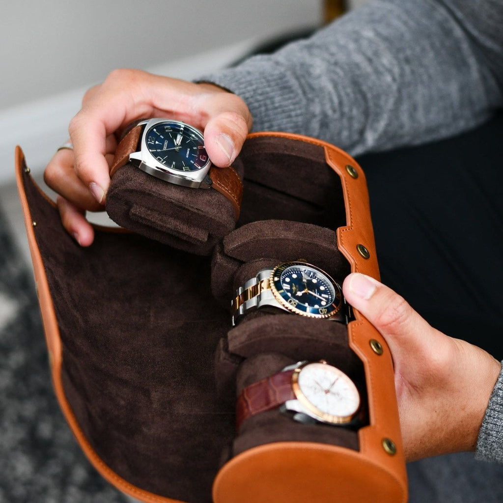 3 Watch Travel Case Full-grain Leather Watch Roll (Tawny Brown)