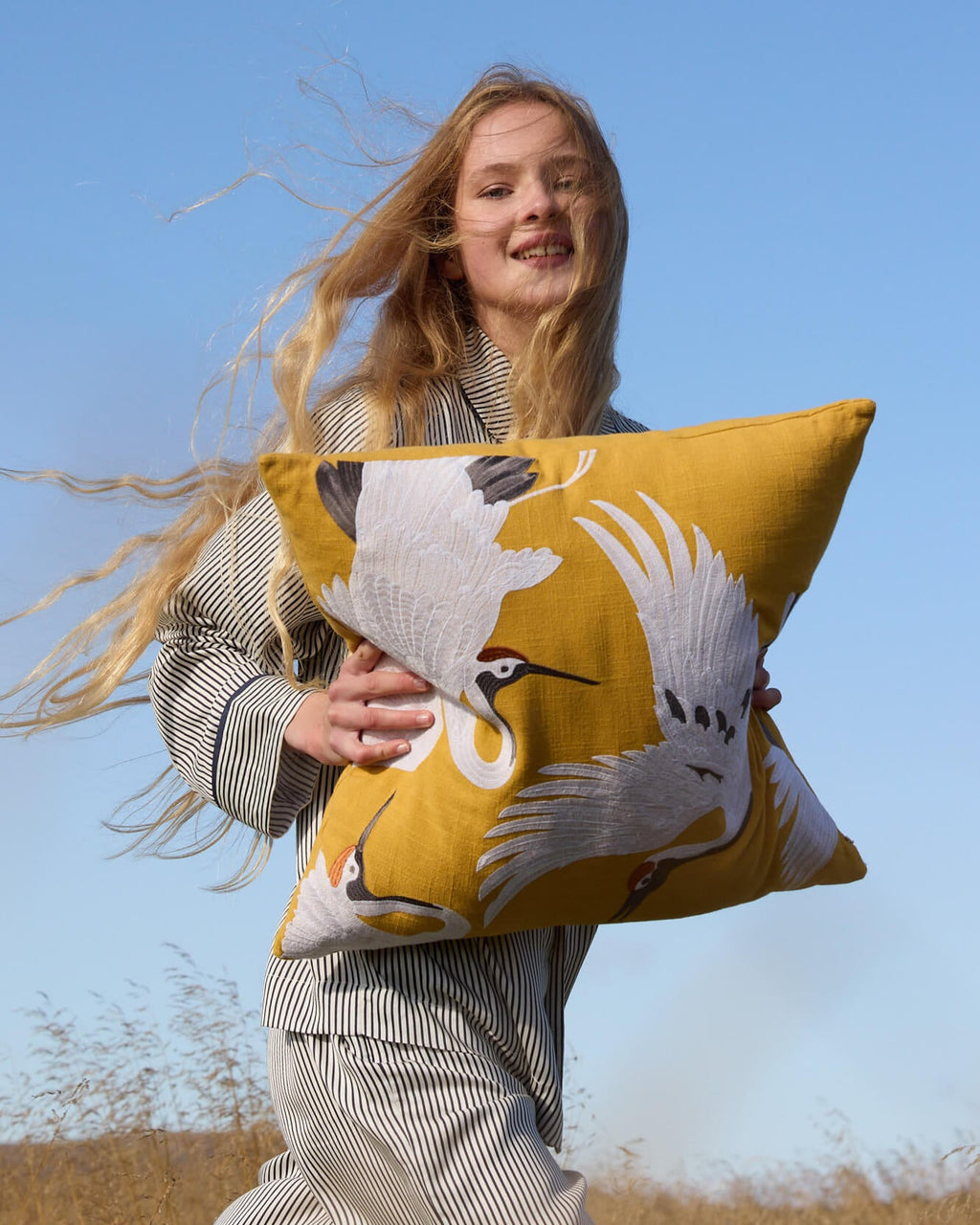 Crane Embroidered Throw Pillow
