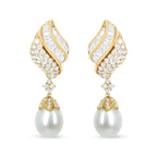 18k Yellow Gold 7.0 Cttw Baguette and Round Diamond South Sea Pearl Drop Dangle Clip-On Earrings (F-G Color, VS1-VS2 Clarity)