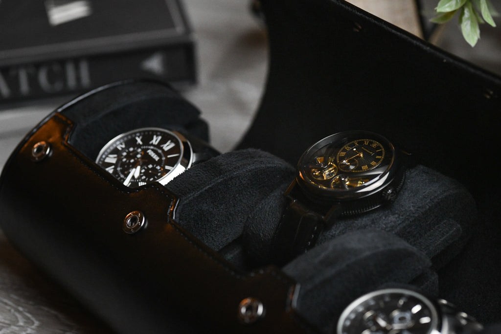 3 Watch Travel Case Vegan Leather Watch Roll (Super Black)