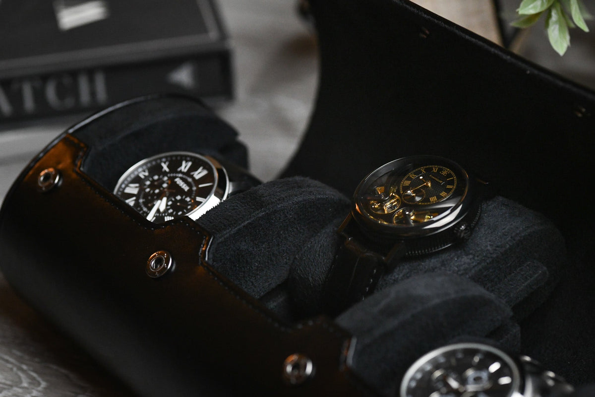 3 Watch Travel Case Vegan Leather Watch Roll (Super Black)
