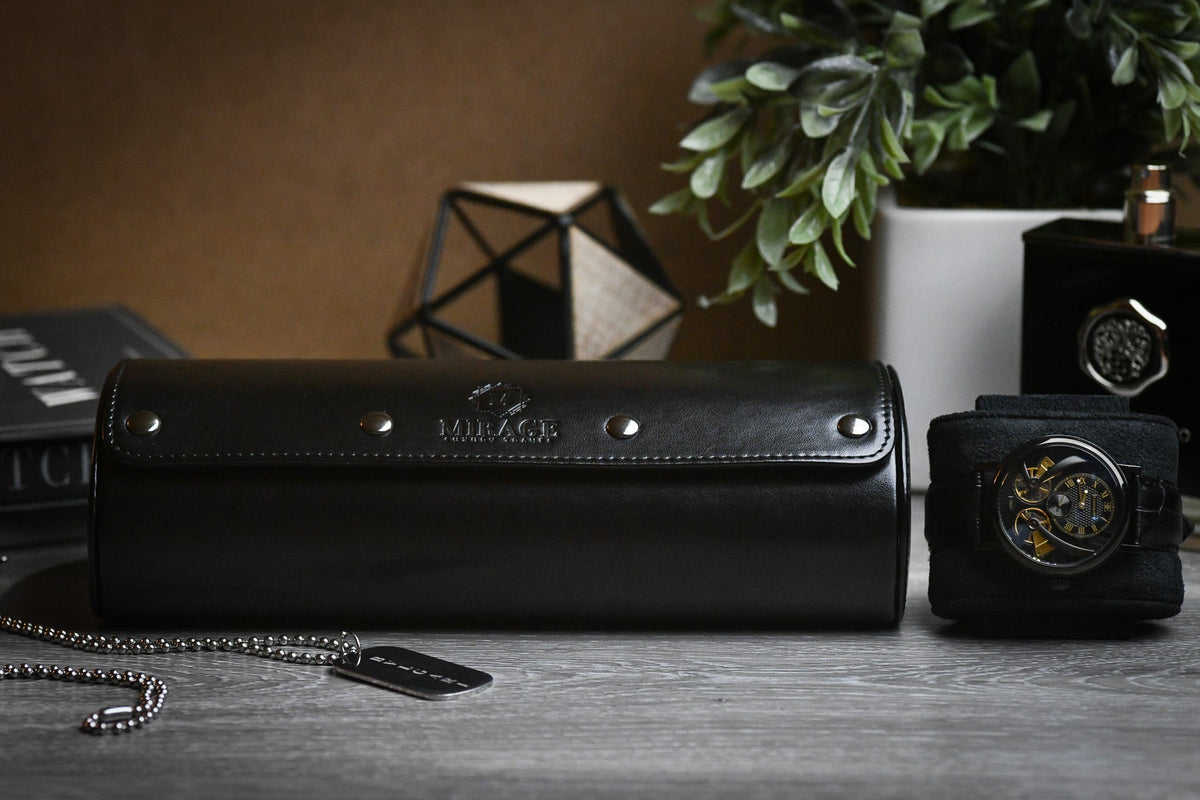 3 Watch Travel Case Vegan Leather Watch Roll (Super Black)