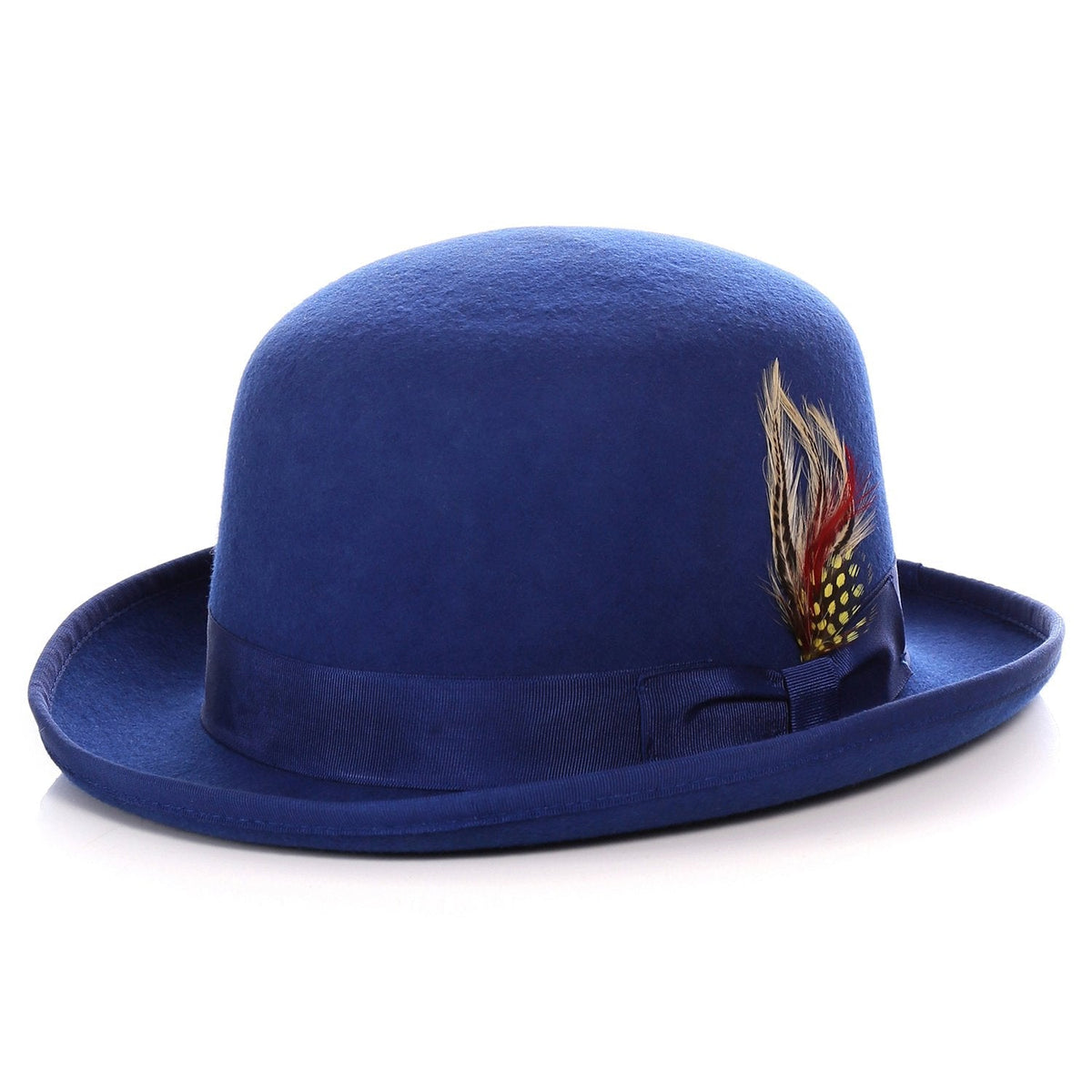 Men's Royal Blue Derby Hat | Premium 100% Wool Felt Bowler Hat with Feather - Ferrecci