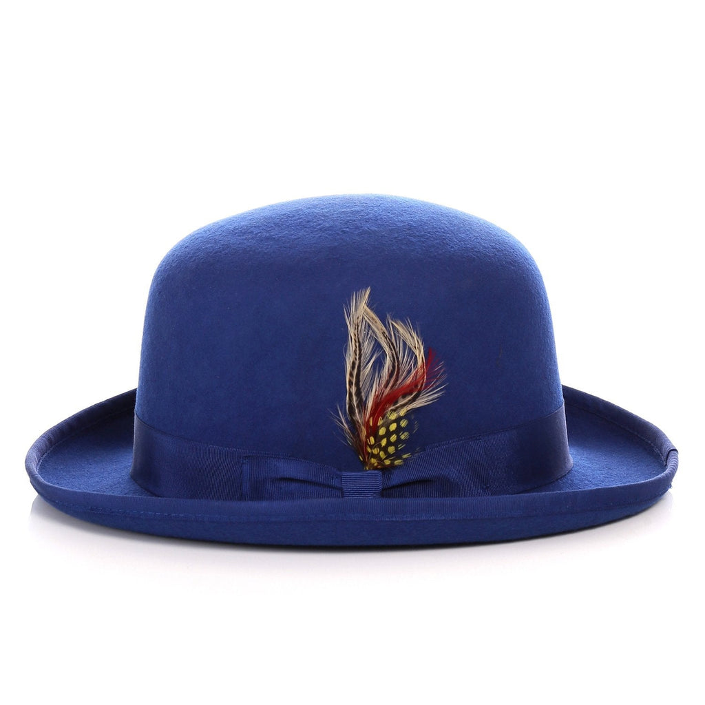 Men's Royal Blue Derby Hat | Premium 100% Wool Felt Bowler Hat with Feather - Ferrecci