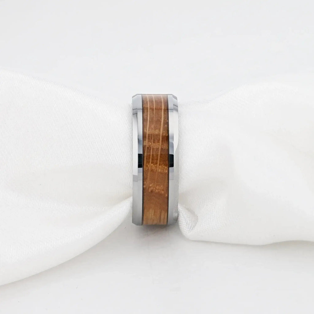 DISTILLED Whiskey Barrel Inlaid Tungsten Men's Wedding Band With Beveled Polished Edges Made From Genuine Whiskey Barrels - 8mm