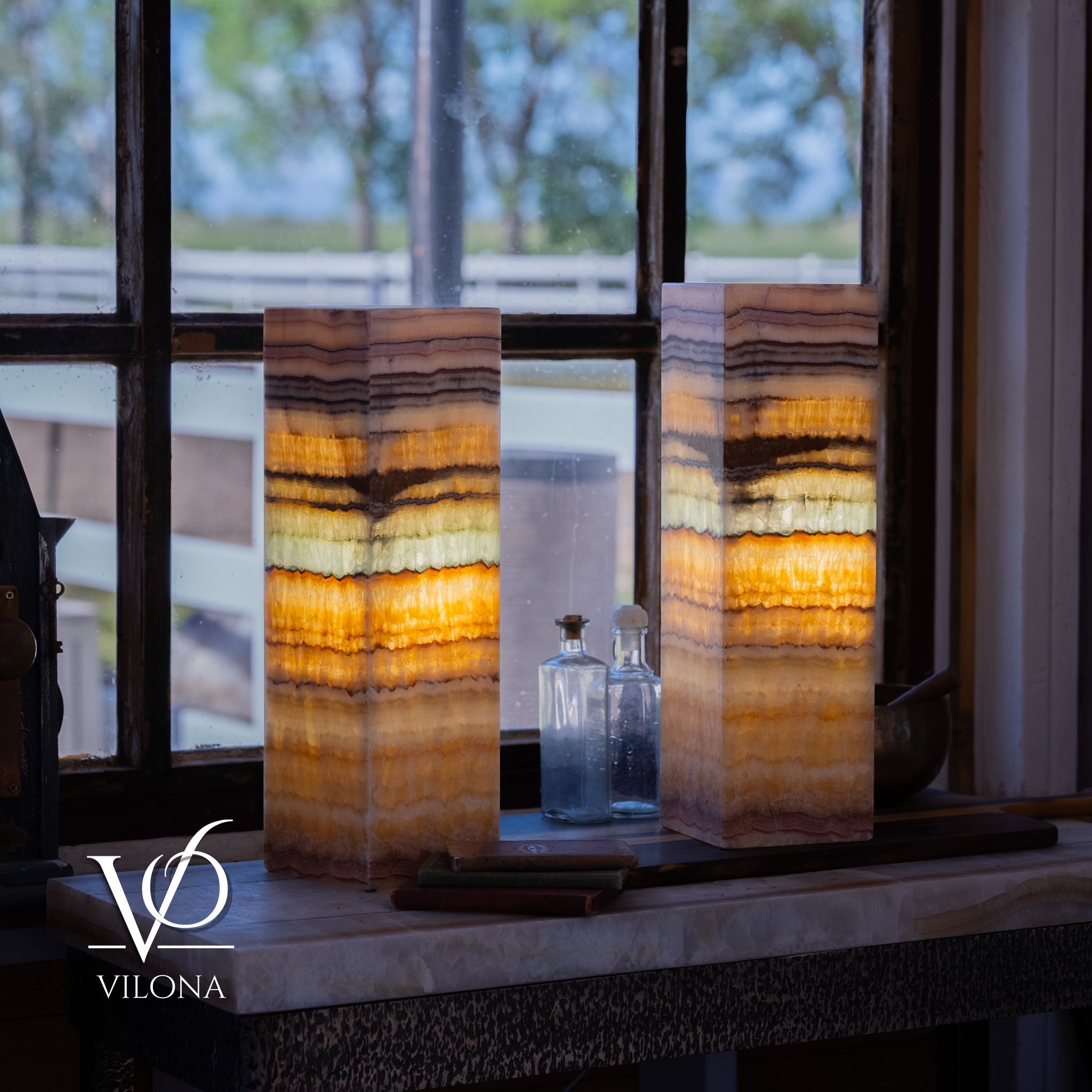 Aqua Onyx Square Table Lamp - 20" Tall, x 6"x 6" (Medium Pair #75)