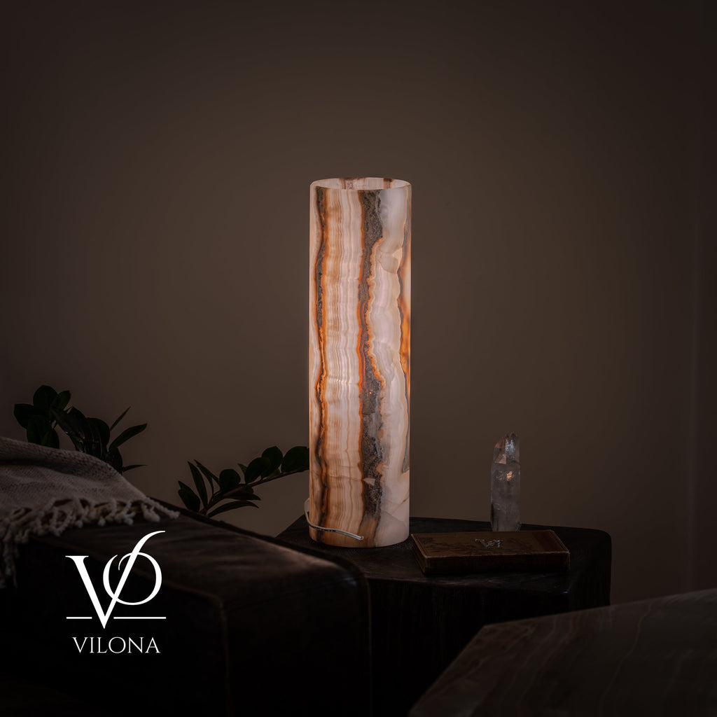 White Ice Onyx Cylinder Table Lamp – 20″ Tall × 5.5″ Diameter