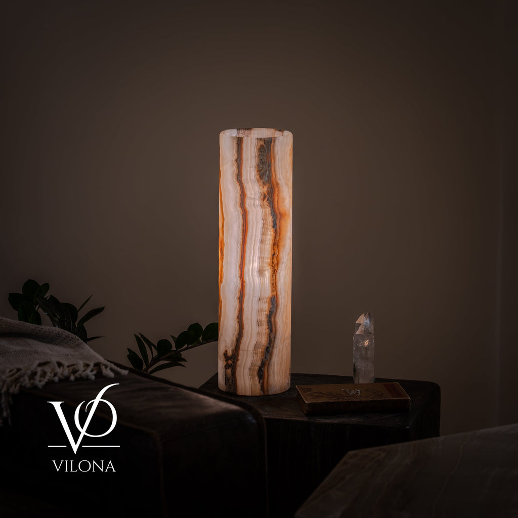 White Ice Onyx Cylinder Table Lamp – 20″ Tall × 5.5″ Diameter