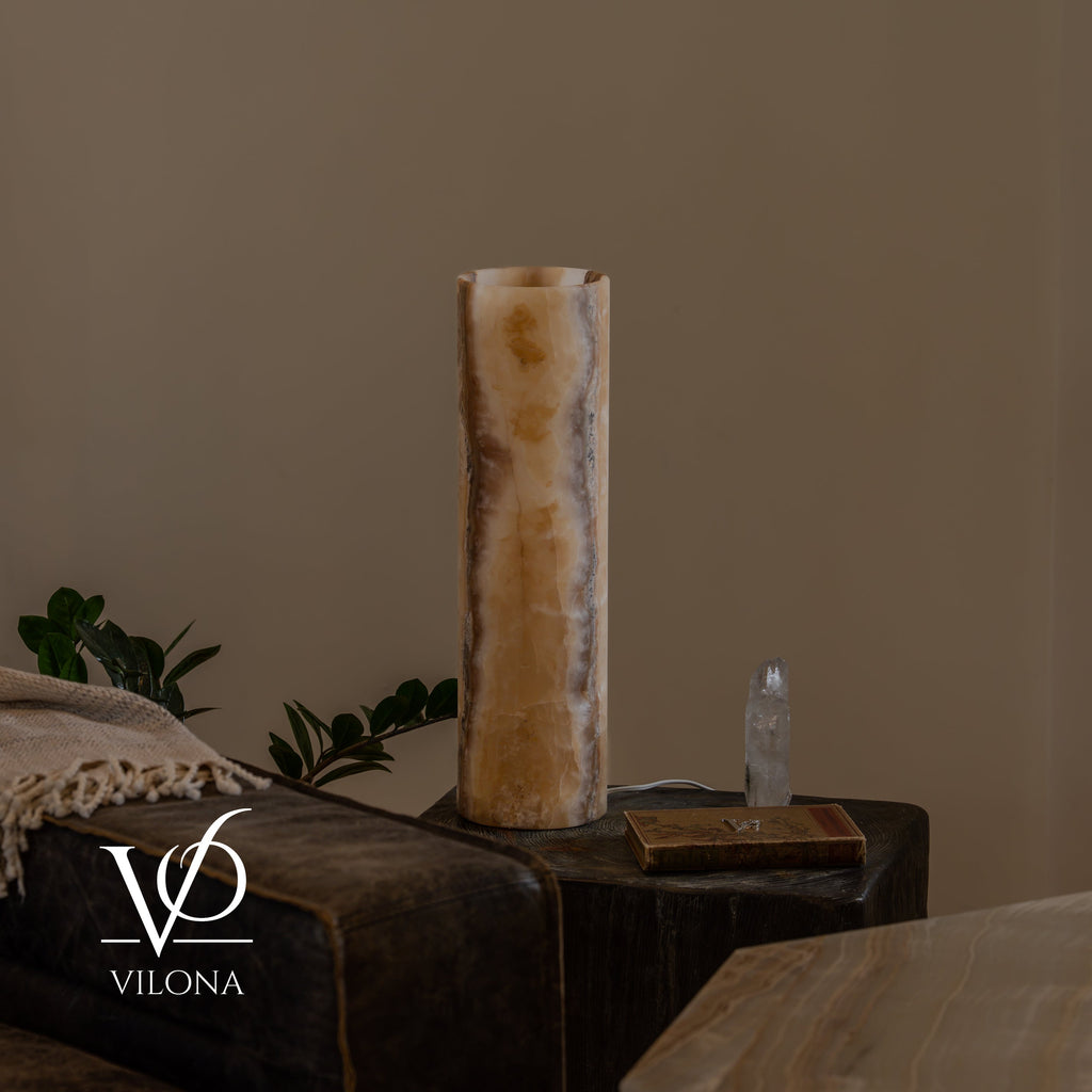 White Ice Onyx Cylinder Table Lamp – 20″ Tall × 5.5″ Diameter