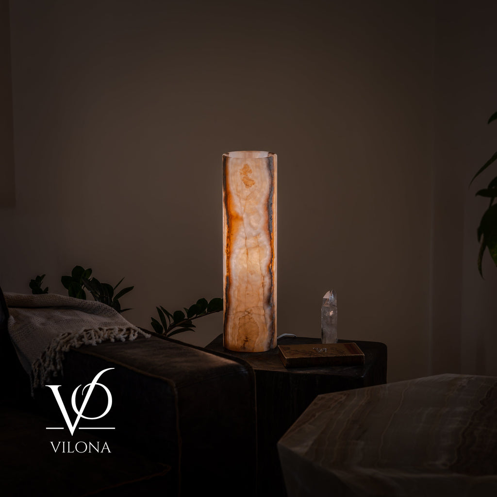 White Ice Onyx Cylinder Table Lamp – 20″ Tall × 5.5″ Diameter