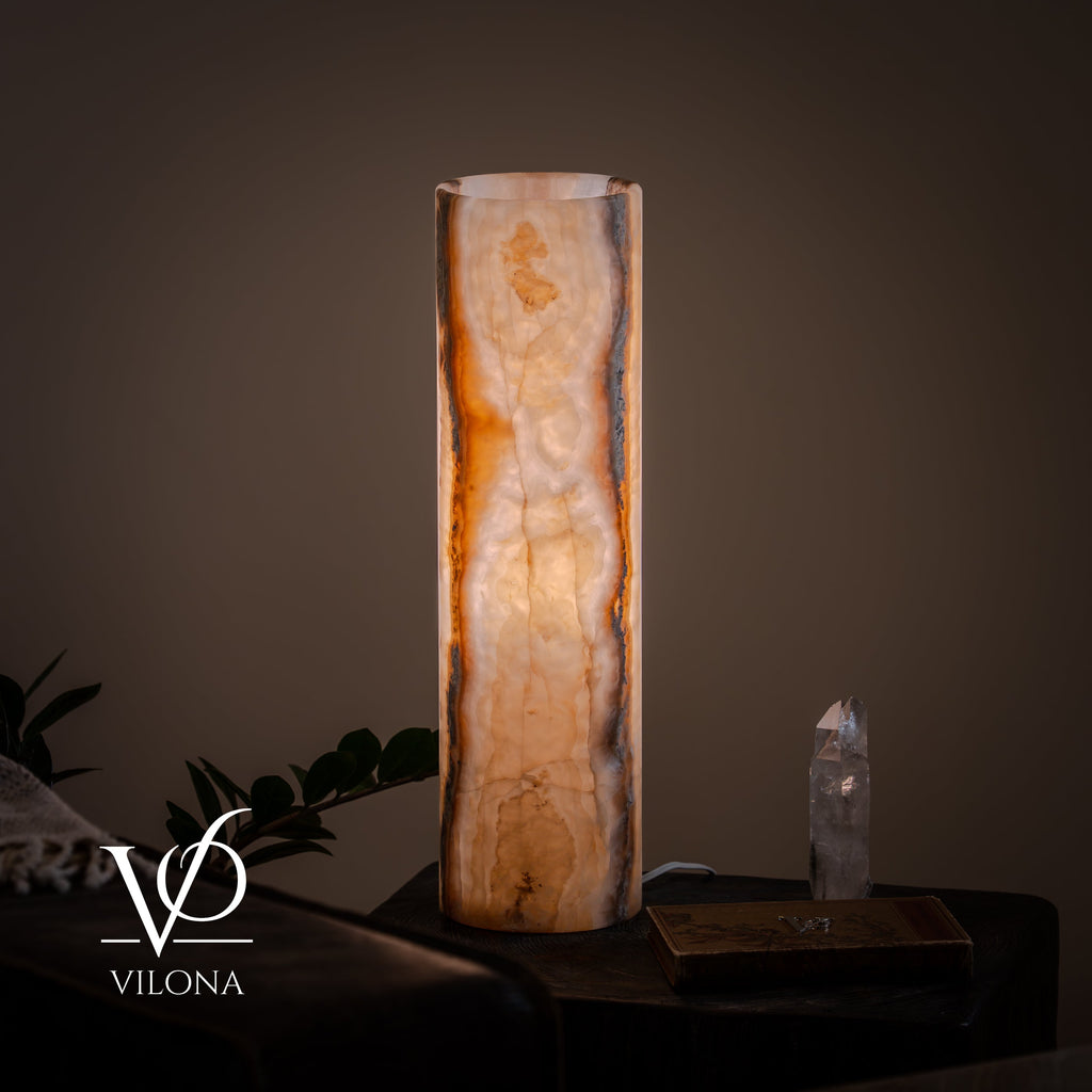 White Ice Onyx Cylinder Table Lamp – 20″ Tall × 5.5″ Diameter