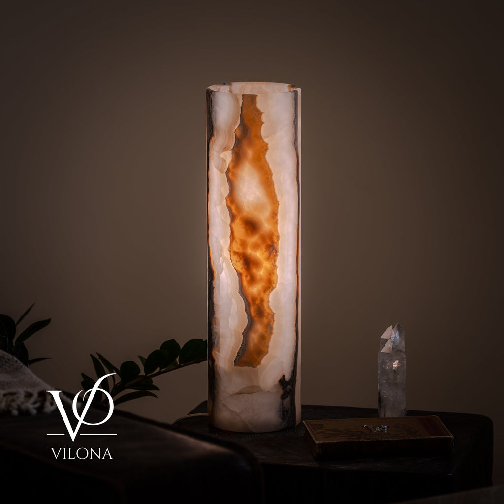 White Ice Onyx Cylinder Table Lamp – 20″ Tall × 5.5″ Diameter