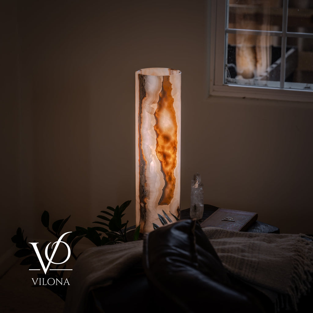 White Ice Onyx Cylinder Table Lamp – 20″ Tall × 5.5″ Diameter