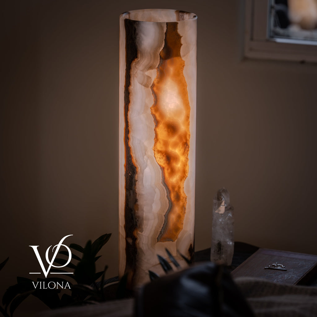 White Ice Onyx Cylinder Table Lamp – 20″ Tall × 5.5″ Diameter