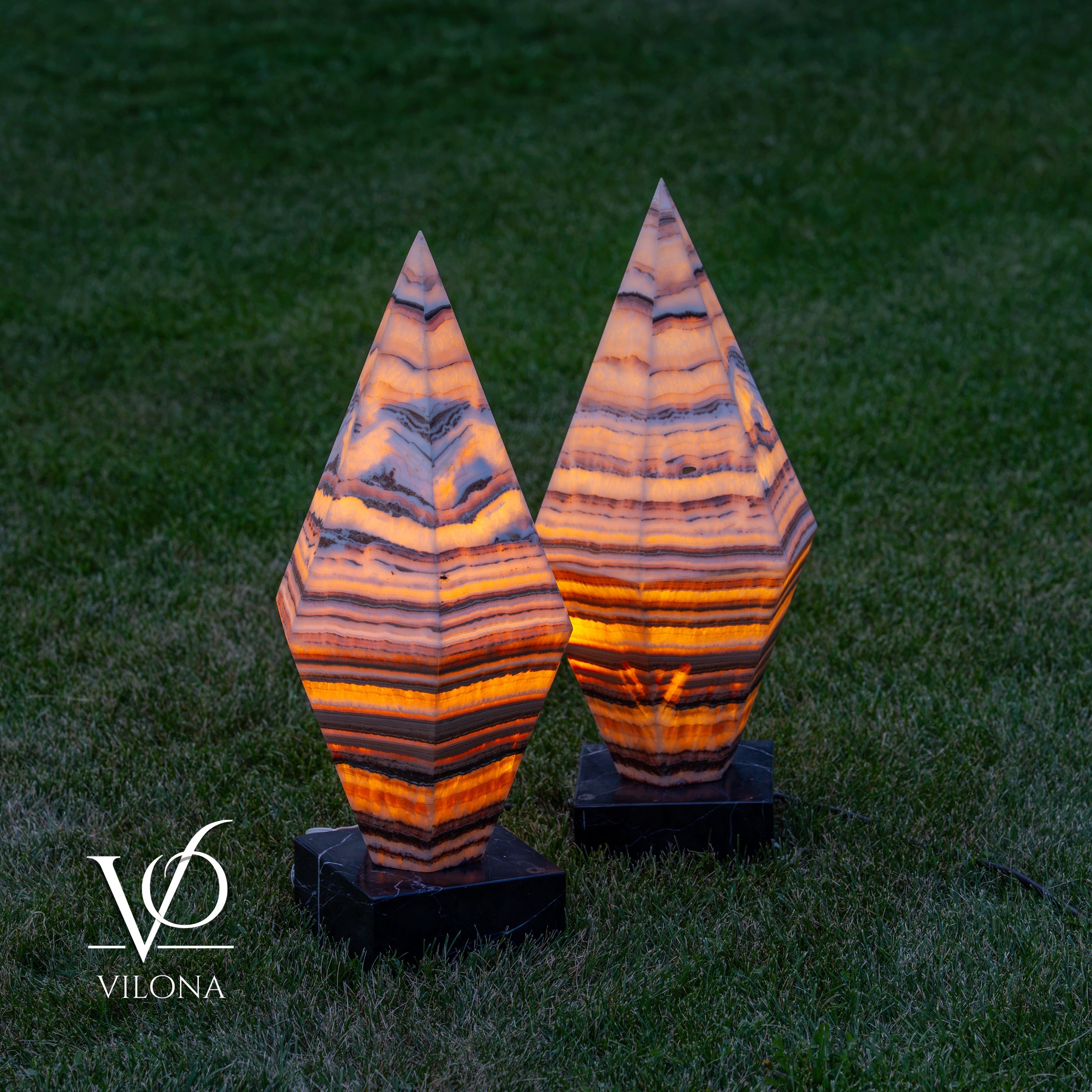 Sahara Onyx Bi-Pyramid Sculptural Lamp Pair – Natural Stone Lighting