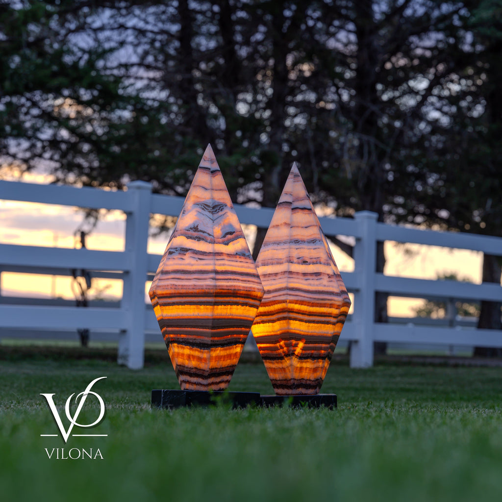 Sahara Onyx Bi-Pyramid Sculptural Lamp Pair – Natural Stone Lighting