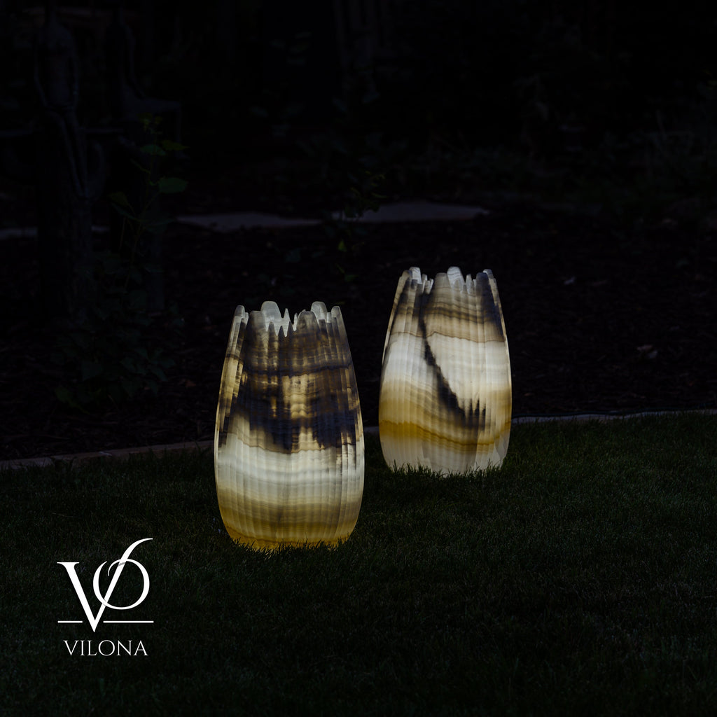 White Ice Onyx Crown Lamps - Sculptural Natural Stone Pair