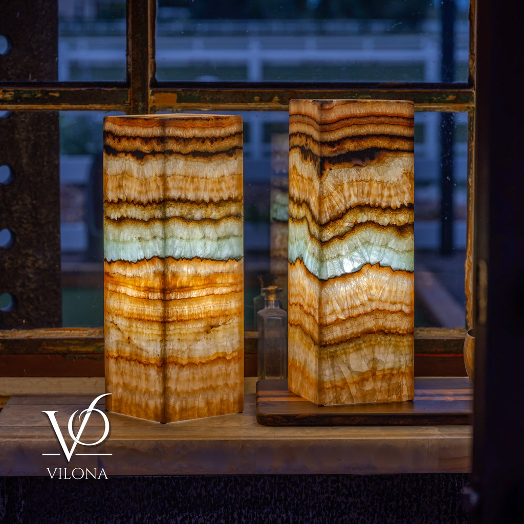Aqua Onyx Square Table Lamp - 18" Tall, x 6"x 6" (Medium Pair #79)