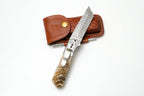 Hand-Forged Damascus Steel Tanto Folding Knife – Artisan Bone Handle with Pocket Clip & Sharpener – Tactical EDC TK-482