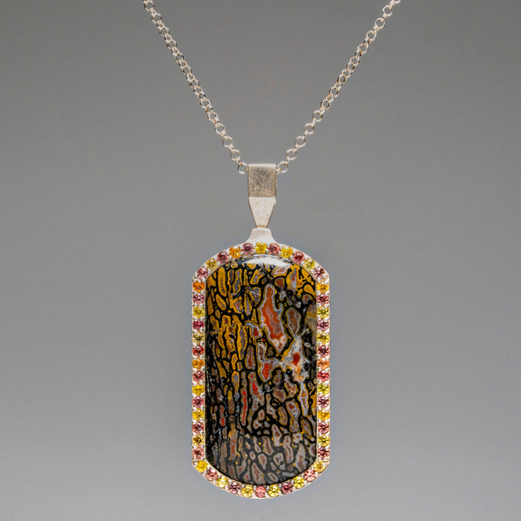 Genuine Dinosaur Bone, Pink and Yellow Sapphire Dog Tag Pendant with 18" Sterling Silver Chain