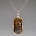 Genuine Dinosaur Bone, Pink and Yellow Sapphire Dog Tag Pendant with 18" Sterling Silver Chain