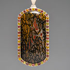 Genuine Dinosaur Bone, Pink and Yellow Sapphire Dog Tag Pendant with 18" Sterling Silver Chain