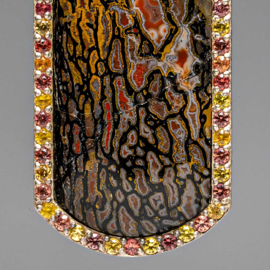 Genuine Dinosaur Bone, Pink and Yellow Sapphire Dog Tag Pendant with 18" Sterling Silver Chain