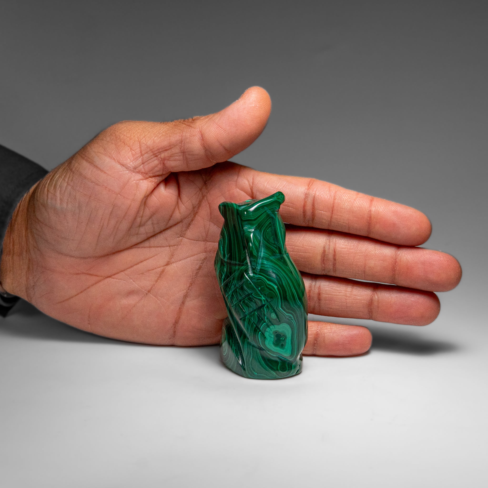 Genuine Polished Malachite Owl Carving (210.8 grams)
