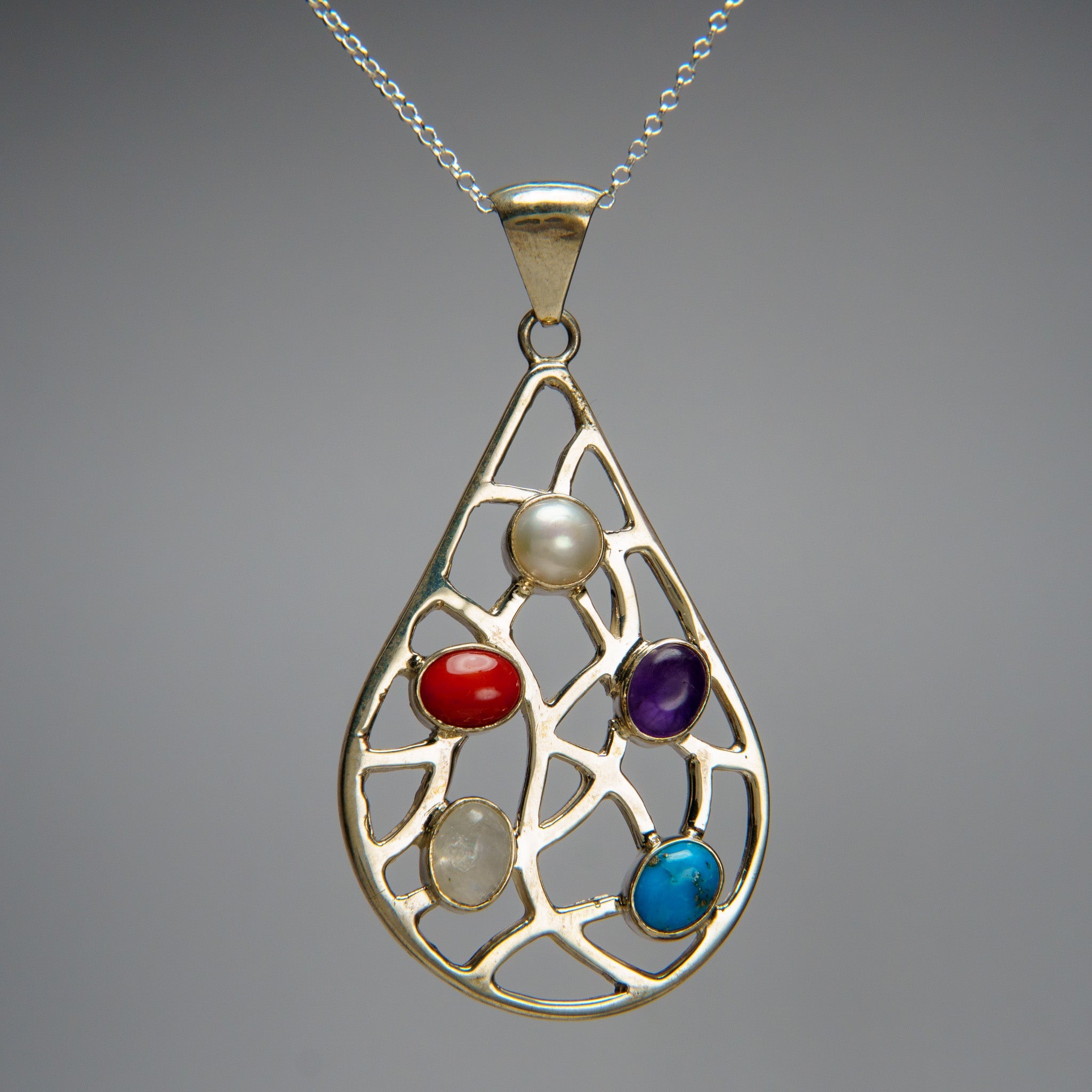 Sterling Silver Multi Gemstone Pendant with 18" Sterling Silver Chain