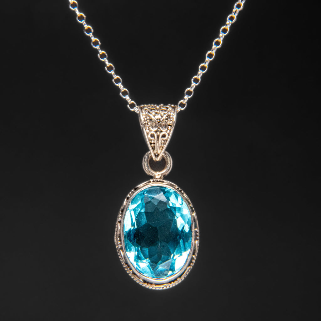 Blue Topaz Gemstone Sterling Silver Pendant with 18" Sterling Silver Chain