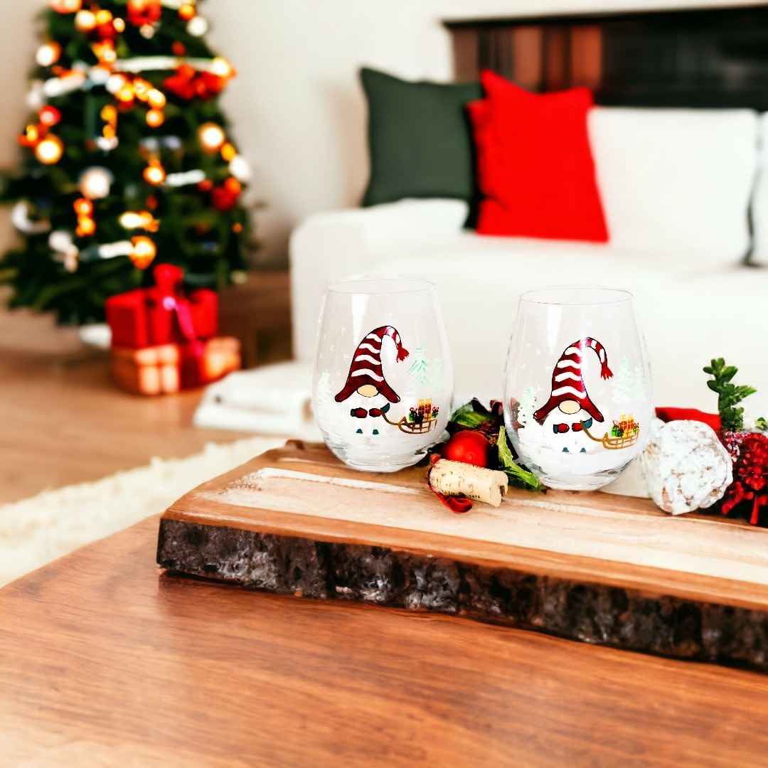 Painted Christmas Gnome Stemless Wine Glasses