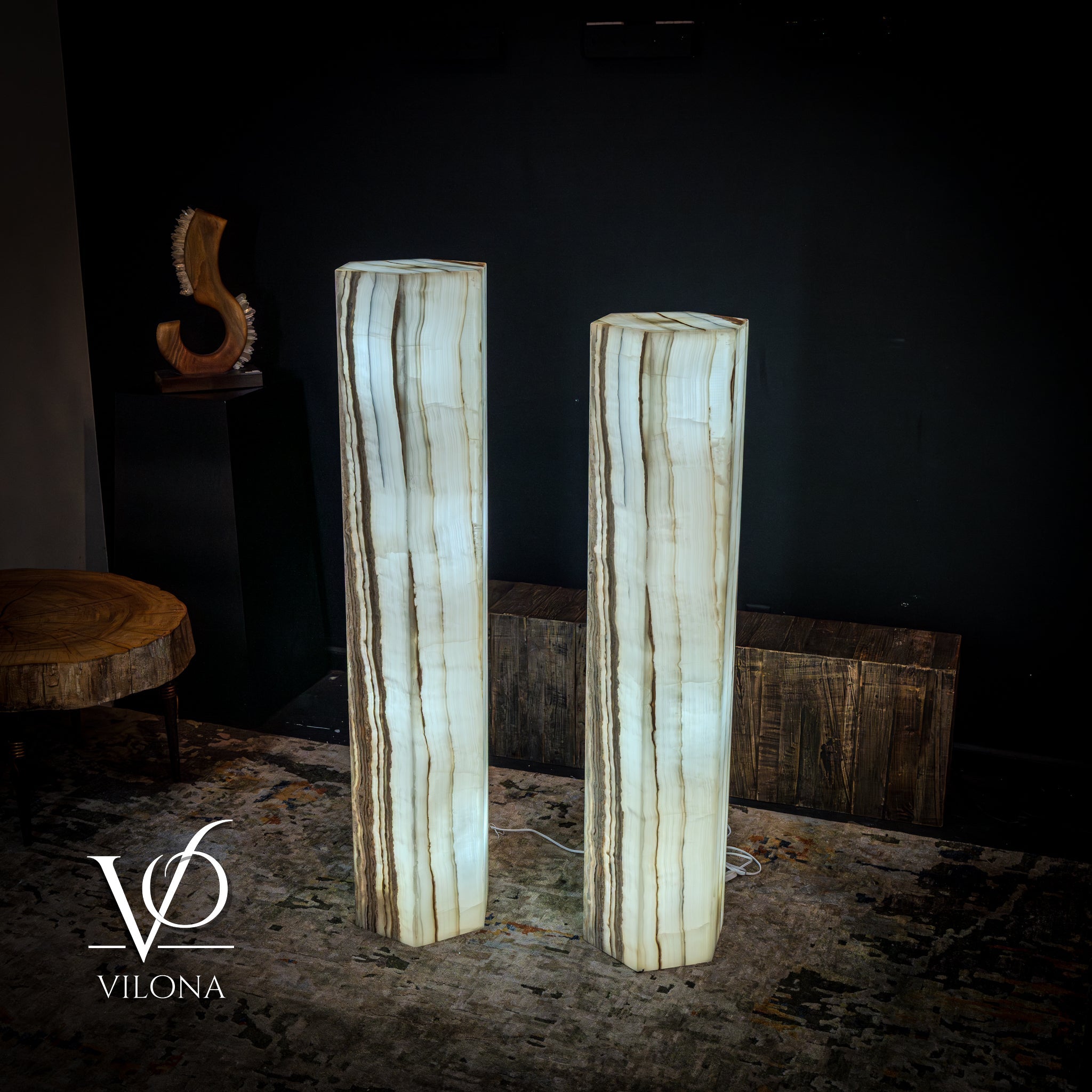 White Ice Onyx Floor Lamp - Pair - Large - 59 & 55"H x 13.5"W - Hexagon
