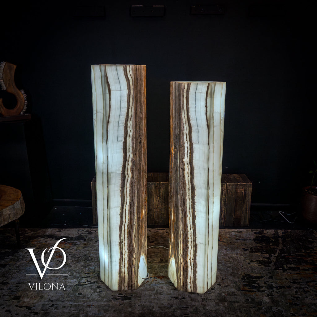 White Ice Onyx Floor Lamp - Pair - Large - 59 & 55"H x 13.5"W - Hexagon