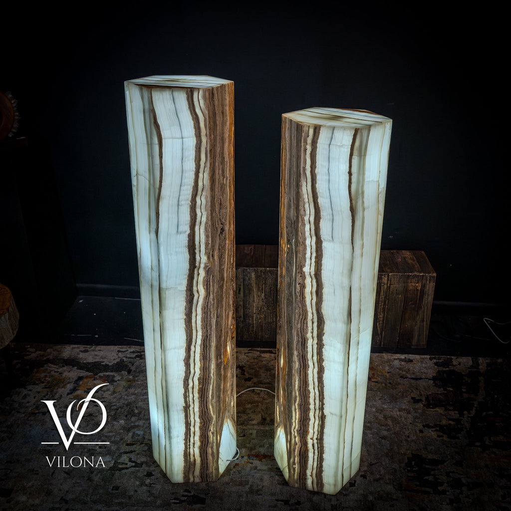 White Ice Onyx Floor Lamp - Pair - Large - 59 & 55"H x 13.5"W - Hexagon