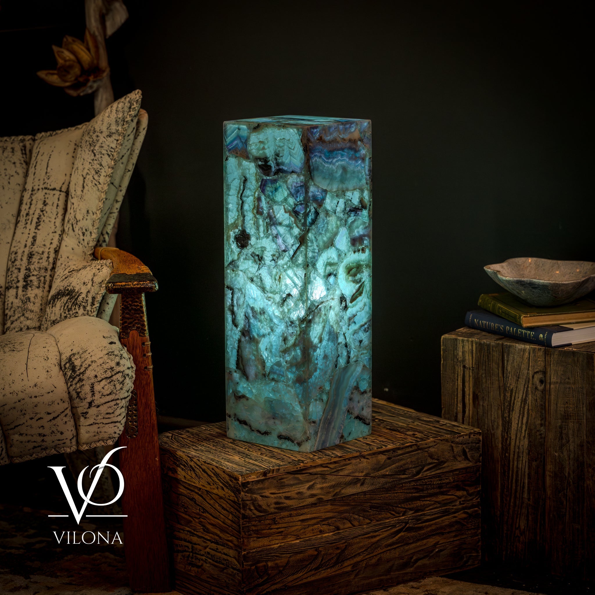 Fluorite Crystal Table Lamp - 24" Tall, 8x8" - Square Closed Top (Medium #6)