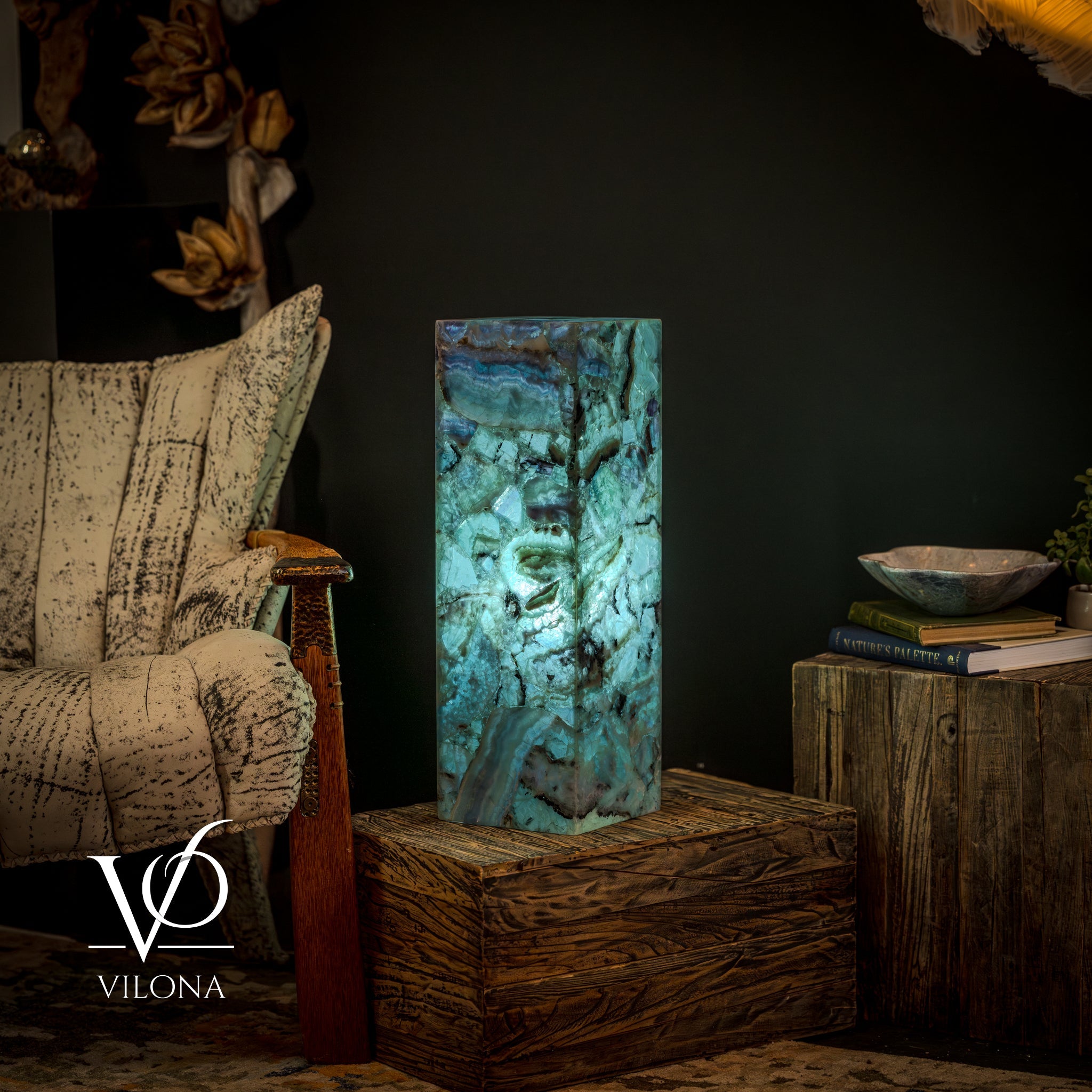 Fluorite Crystal Table Lamp - 24" Tall, 8x8" - Square Closed Top (Medium #6)